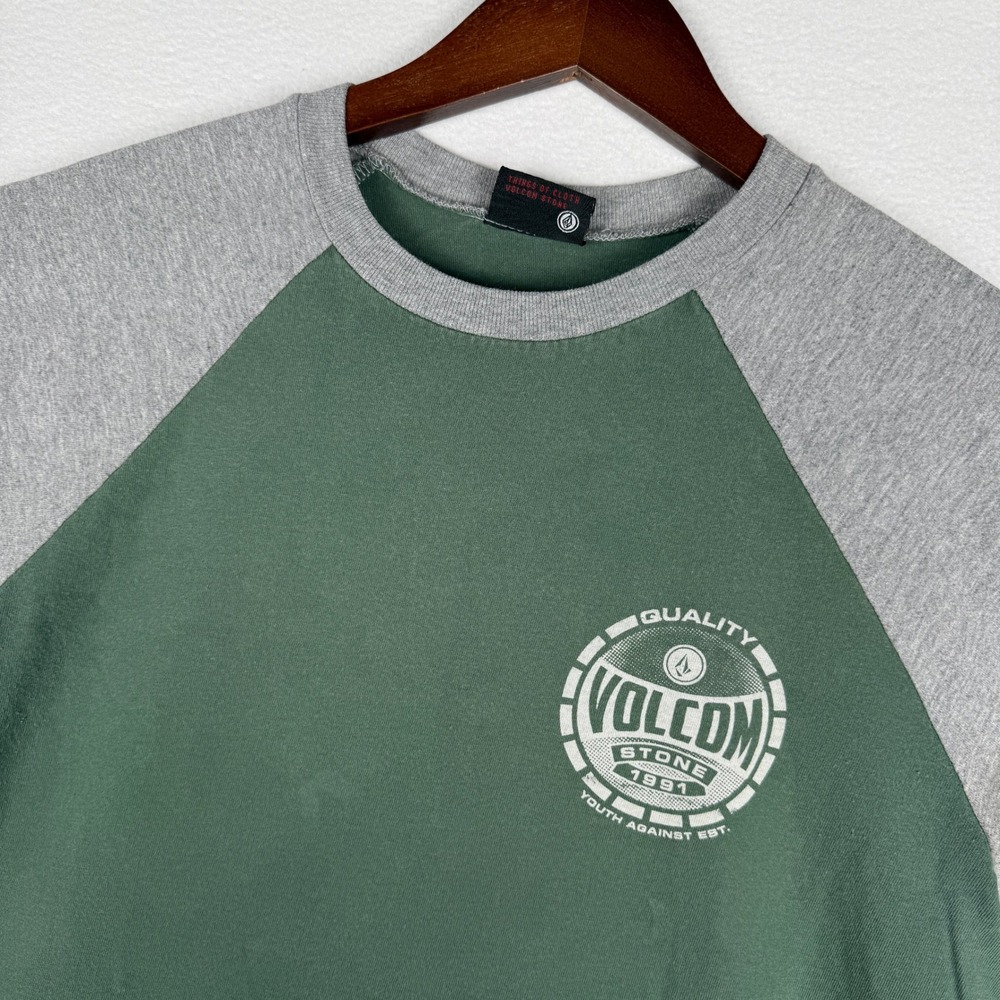 Volcom‎ T-Shirt Boys Large Green Grey Raglan Short Sleeve